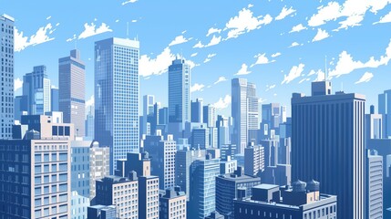 Fototapeta premium High rise city buildings and skyscrapers agaisnt blue sky and clouds real estate business illustration in light blue