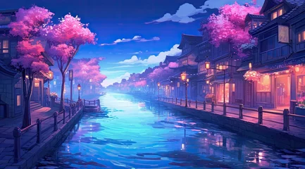Foto op Plexiglas Serene waterway with blooming cherry blossoms at dusk © chesleatsz