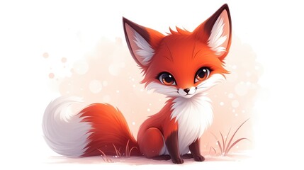 Naklejka premium A charming little cartoon fox in adorable red and white hues sits gracefully with its fluffy tail against a clean white backdrop Perfect as a sticker or icon