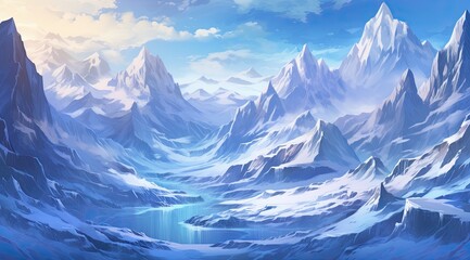 Majestic winter peaks with ice crystals under a clear blue sky