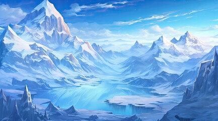 Majestic winter peaks with ice crystals under a clear blue sky