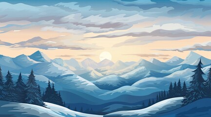Tranquil dawn over snow-capped ridge with evergreen contrast - obrazy, fototapety, plakaty
