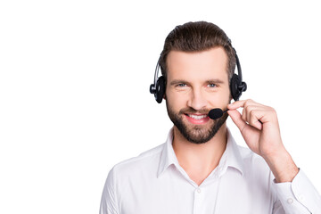 Portrait with copy space, empty place for advertisement of stylish cheerful operator having headset...