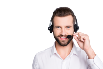Portrait with copy space, empty place for advertisement of stylish cheerful operator having headset on head holding microphone with fingers isolated on grey background