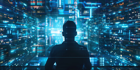 Person silhouette against glowing digital backdrop. Male standing on a flow of data showing cyber threats, vulnerabilities. VR environment screens displaying coding. AI Artificial Intelligence concept