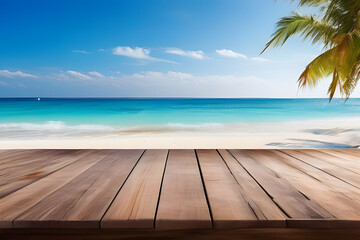 empty wooden table for display or product showcase with blurry beach background scene