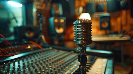 Professional studio microphone set against a vibrant sound mixing board