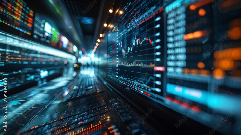 Poster futuristic nighttime view of illuminated stock market trading charts and candlestick graphs on multi
