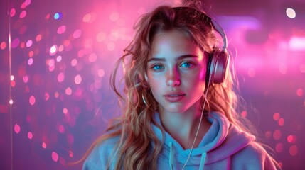 Fashionable teenage girl in a hoodie listens to music with headphones, illuminated by vibrant neon lights and bokeh effects. - 791495055