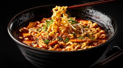 Spicy Korean noodles in a traditional bowl captured with chopsticks in action