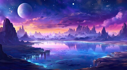 Serene archipelago under a sapphire galaxy sky with luminous reflections - obrazy, fototapety, plakaty