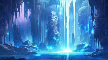 Enchanted sapphire waterfall cave with bioluminescent allure - obrazy, fototapety, plakaty