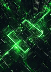 Obraz premium abstract digital background, cyberpunk style, green neon lights, geometric shapes, dark black and white color scheme