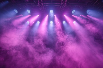 An empty but energized event scene with purple concert lights cutting through dense stage smoke for a dynamic look