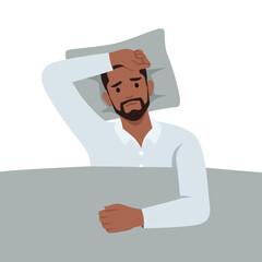 Young man sleepless suffers from insomnia, sleep disorder. Sad tired male character lying in bed with open eyes. Flat vector illustration isolated on white background