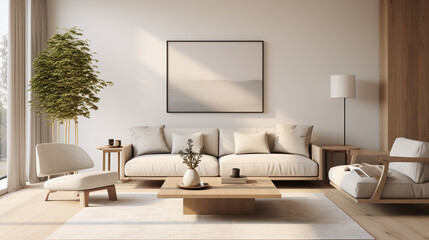 Fototapeta na wymiar Scandinavian sophistication meets minimalist design in this airy living room, featuring a plush sofa, stylish coffee table, and an empty wall space ready for customized decor.