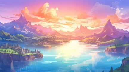 Serene pastel sunset over tranquil archipelago waters - obrazy, fototapety, plakaty