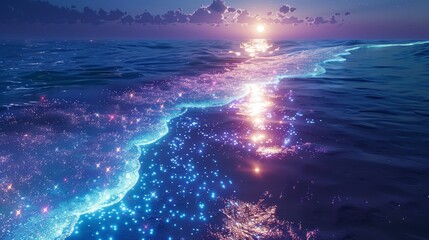 Magical ocean waves glowing with bioluminescence under the night sky, a fusion of nature and fantasy - obrazy, fototapety, plakaty