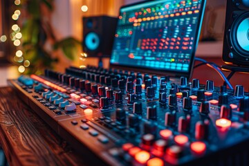 An image showcasing a high-end audio mixing console with illuminated buttons in a recording studio, indicating precision and industry quality - obrazy, fototapety, plakaty