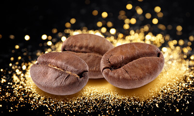Coffee beans on black background with golden dust.