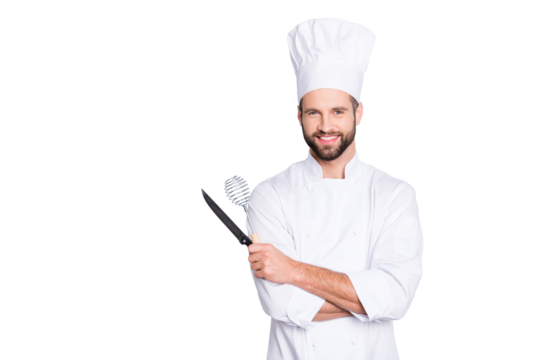 Portrait of positive toothy chef cook in beret, white outfit with stubble having tools in crossed arms looking at camera isolated on grey background
