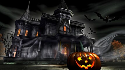 Illustrate a spooky scene for a Halloween greeting card, showcasing a haunted house surrounded by swirling mist, with