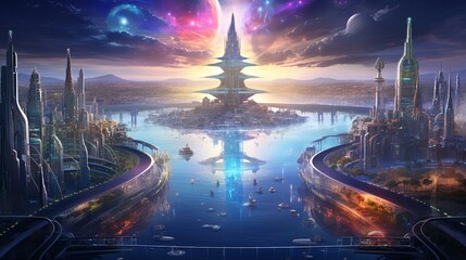 Conceptual art of a futuristic water city from above, shimmering lights in a spectrum of colors - obrazy, fototapety, plakaty