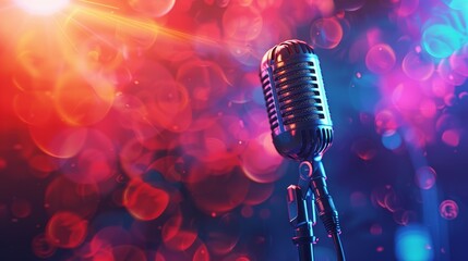 Dynamic vintage microphone with bokeh lights for a vibrant music event background
