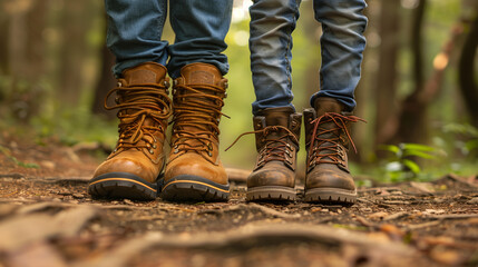 Hiking boots of dad and son on a path in the autumn forest