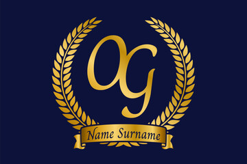 Initial letter O and G, OG monogram logo design with laurel wreath. Luxury golden calligraphy font.