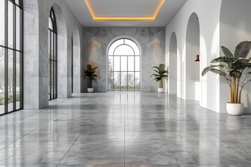 Fototapeta premium Aesthetic interior portraying an expansive modern gallery with grand windows and minimalistic decor