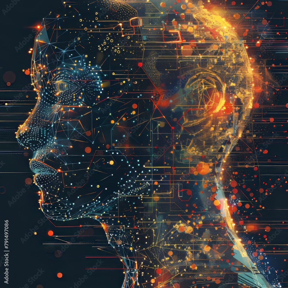 Poster a computer generated image of a face with a glowing head. the image is abstract and has a futuristic