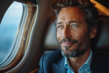 An attractive businessman appears deep in thought as he gazes out of an airplane window