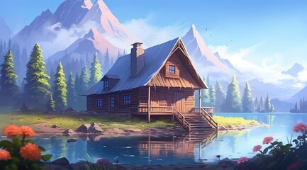 Tranquil cabin by a misty mountain lake at dawn - obrazy, fototapety, plakaty