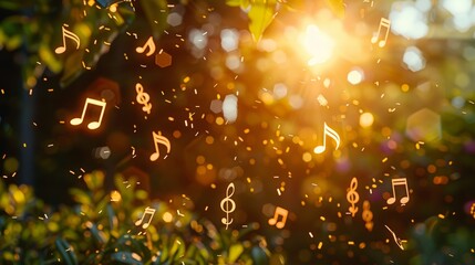 Sunset serenade with glowing musical notes floating over a wildflower meadow, a symphony of light...