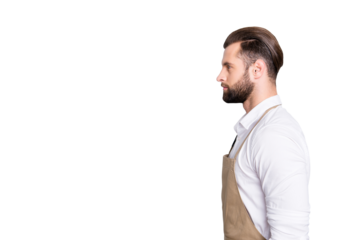 Profile side view half face portrait with copy space empty place for advertisement of attractive barber with modern hairstyle isolated on grey background