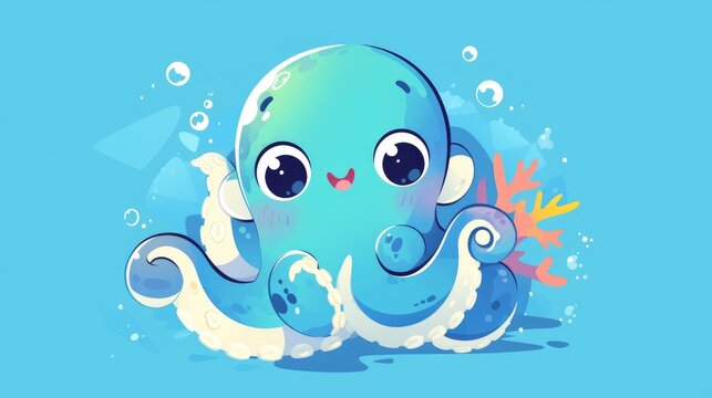 An adorable cartoon octopus with a square animal face showcasing baby kraken features like eyes and tentacles set against an underwater backdrop This 2d character portrait is perfect for aq