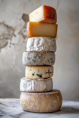 A stack of various types of gourmet cheese on a marble surface against a speckled backdrop.