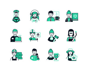 Professions for women and men - line design style icons set with editable stroke. Taxi driver, astronaut, office worker, lawyer, welder, cashier, builder, judge, foreman, journalist, master of sports