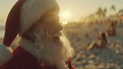 santa claus on the beach at sunset