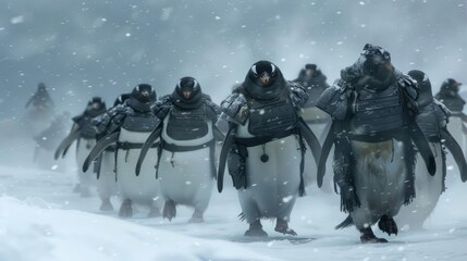 A group of penguins donned iceresistant armor, waddling bravely through the Arctic blizzard, like small, determined knights
