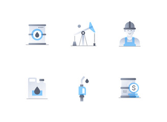 Oil and resource extraction - flat design style icons set. High quality colorful images of barrel of fuel, tower for extracting raw materials, worker in helmet, canister, gun for refueling a car