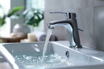 Close-up of a sleek modern bathroom faucet with clear running water and water splashes in a clean sink
