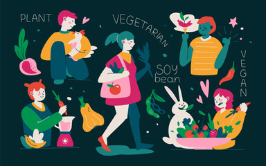 Nutrition and vegetarianism - modern colored vector illustration set with caring for animals, chicken, rabbit, eating salad, fruits and vegetables. Healthy diet, soybeans, animal protein substitute