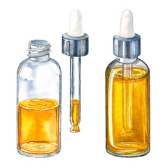 Transparent glass dropper bottles with golden liquid inside. Metal pipette. Hand drawn watercolor illustration of serum dispenser isolated on background. Element for design, advertising of cosmetic.