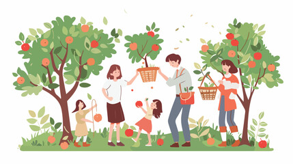 Cute family picking apples in garden vector flat illustrations - Powered by Adobe