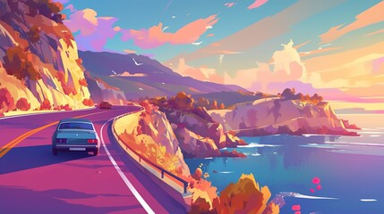 highway landscape at colorful sunset. road view on mediterranean coast of spain. coastal road landscape beautiful nature scenery. car driving on mountain road by the sea. summer vacation on the - obrazy, fototapety, plakaty
