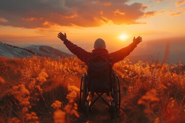 An uplifting image of a person in a wheelchair with arms raised in a beautiful sunset landscape - obrazy, fototapety, plakaty