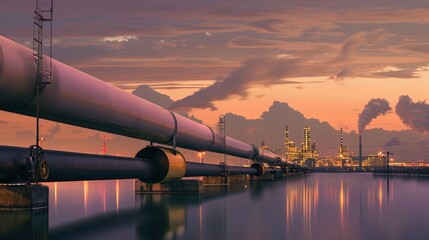 Twilight industry panorama with a reflective pipeline and factory silhouette under a sunset sky