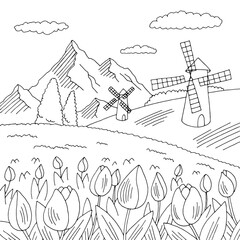 Tulip flower field graphic black white landscape sketch illustration vector 
